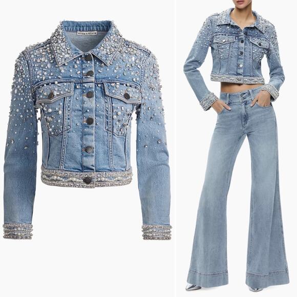 ALICE + OLIVIA Nelson Embellished Beaded Cropped Fitted Denim Jean Jacket Md NEW - Picture 15 of 15